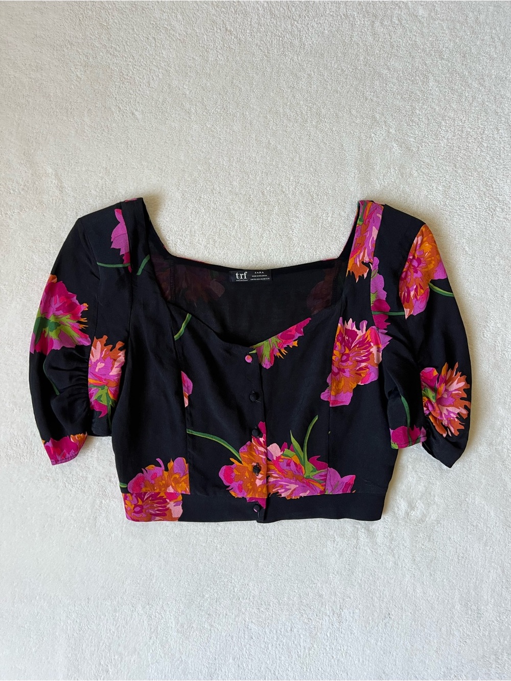 Zara Black Cropped Top with Pink & Orange Floral Print